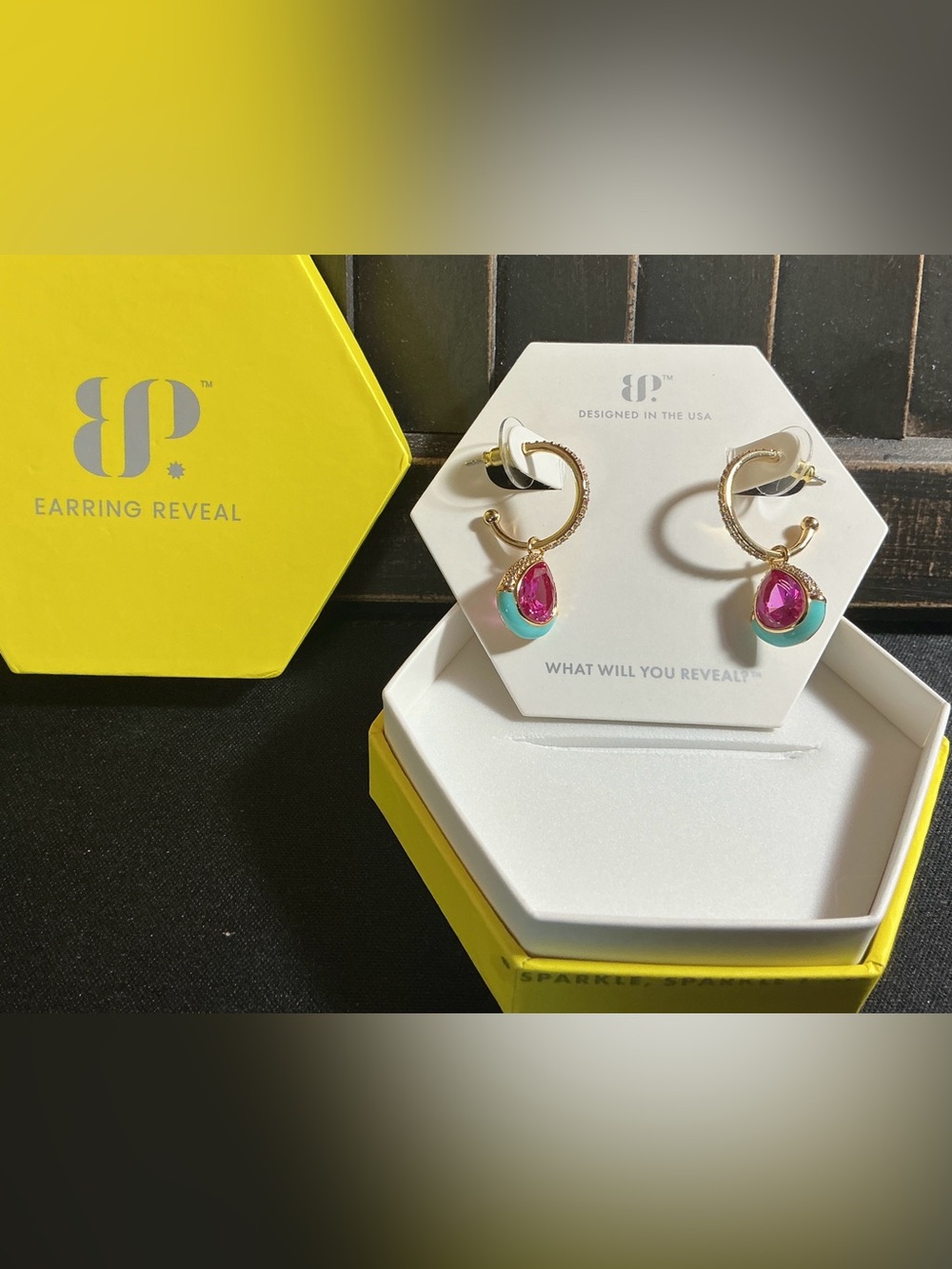 Gold Hoop Earrings with Pink Teardrop and Turquoise Accent